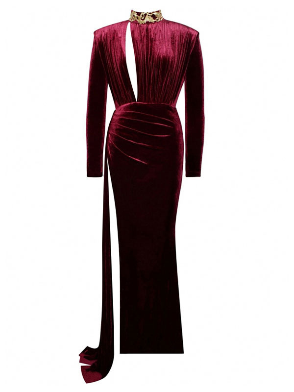 Women's Clothing Dresses | Burgundy Maxi Dress High Collar Long Sleeves Polyester High Slit Layered Floor Length Dress - VE99899