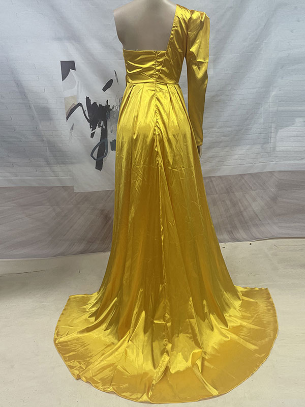 Women's Clothing Dresses | Yellow Maxi Dress One Shoulder Long Sleeves Layered Backless Polyester Pleated Floor Length Split Dre