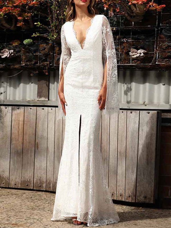 Women's Clothing Dresses | White Maxi Dress V Neck Long Sleeves Lace Sexy Layered Floor Length Dress - JL97829