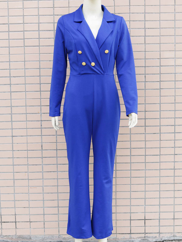 Women's Clothing Jumpsuits & Rompers | Blue Jumpsuit V-Neck Long Sleeves Polyester Wide Leg Jumpsuits For Women - FR04306