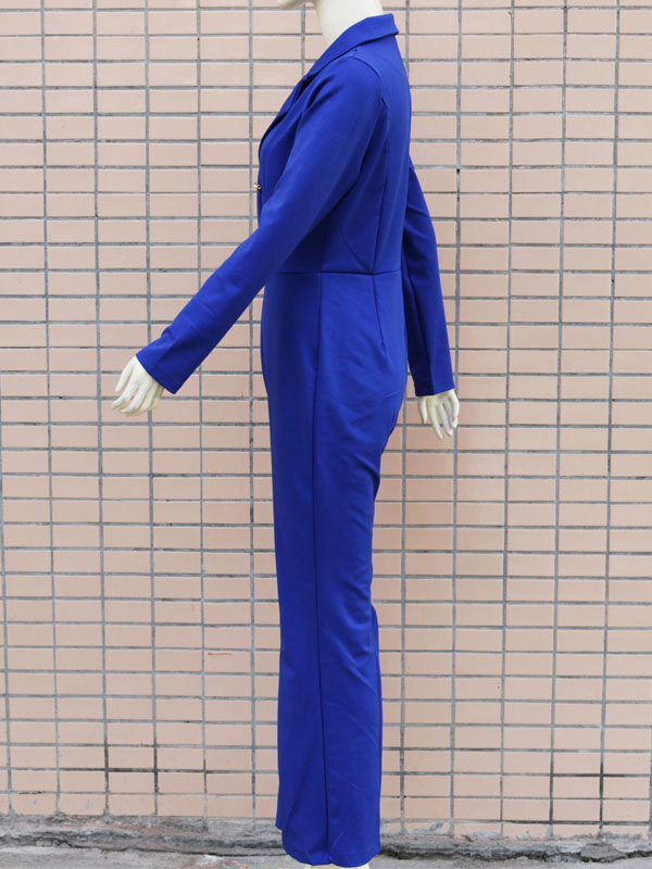 Women's Clothing Jumpsuits & Rompers | Blue Jumpsuit V-Neck Long Sleeves Polyester Wide Leg Jumpsuits For Women - FR04306