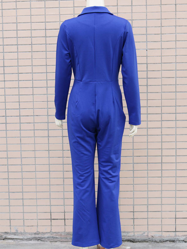 Women's Clothing Jumpsuits & Rompers | Blue Jumpsuit V-Neck Long Sleeves Polyester Wide Leg Jumpsuits For Women - FR04306