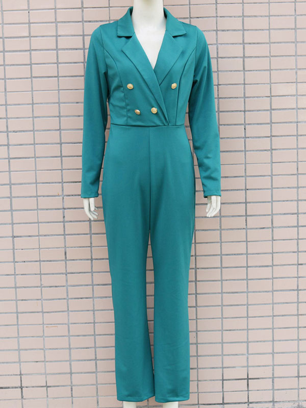 Women's Clothing Jumpsuits & Rompers | Blue Jumpsuit V-Neck Long Sleeves Polyester Wide Leg Jumpsuits For Women - FR04306