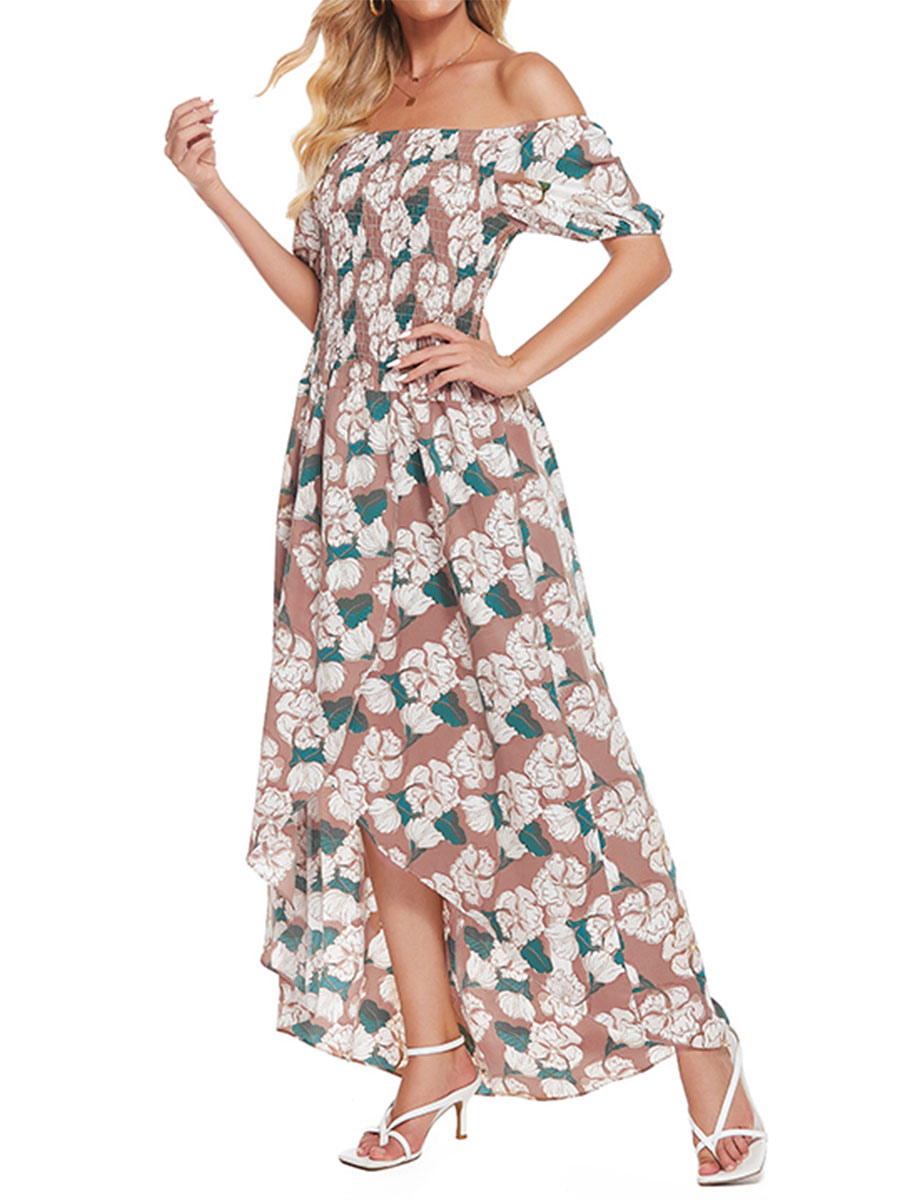 Women's Clothing Dresses | Maxi Dress Bateau Neck Short Sleeves Polyester Floral Print Khaki Floor Length Dress - MH55187