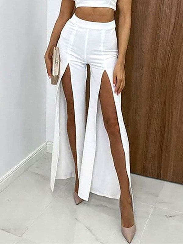 Women's Clothing Women's Bottoms | Pants White Split Front Polyester High Rise Waist Wide Trousers - GF87833