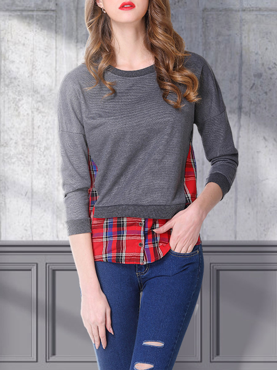 Women's Clothing Outerwear | Sweatshirt For Woman Light Gray Long Sleeves Plaid Pattern Buttons Polyester T Shirt - TS50636