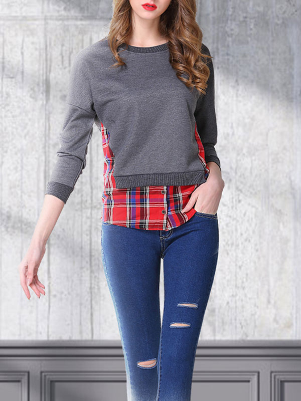 Women's Clothing Outerwear | Sweatshirt For Woman Light Gray Long Sleeves Plaid Pattern Buttons Polyester T Shirt - TS50636