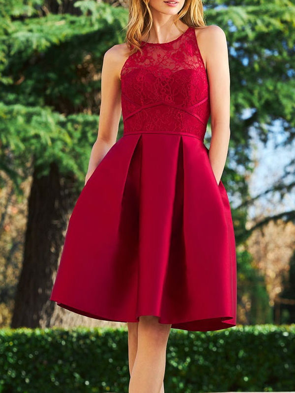 Boda Vestidos de Fiesta | Con vestido de cóctel Rojo Longitud del piso hermosa Una línea Vestido corto de encaje con cuello en V Vestido corto del desfile - AB64242