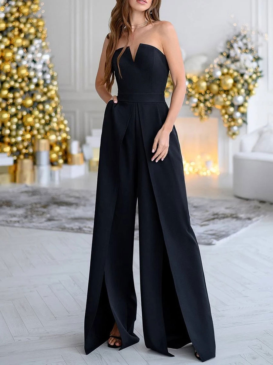 Women's Clothing Jumpsuits & Rompers | Black Jumpsuit V-Neck Sleeveless Jumpsuits For Women - RY96199