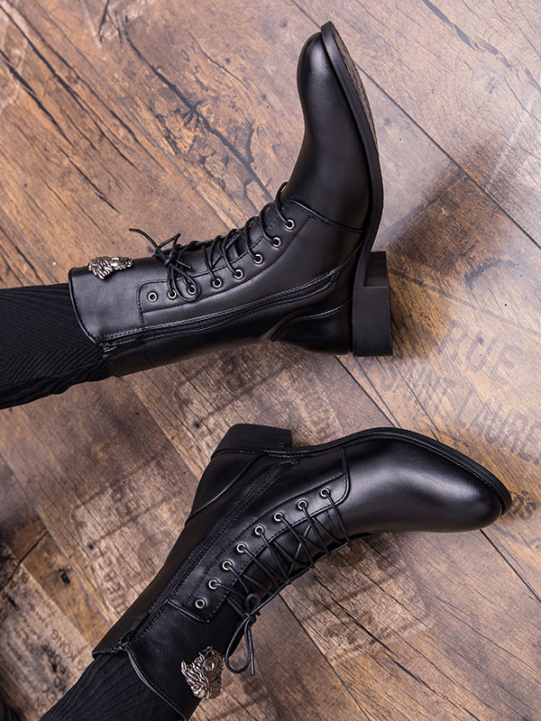 Shoes Men's Shoes | Men Mid Calf Boots Metal Details Round Toe PU Leather Black Lace Up Boots - KR85996