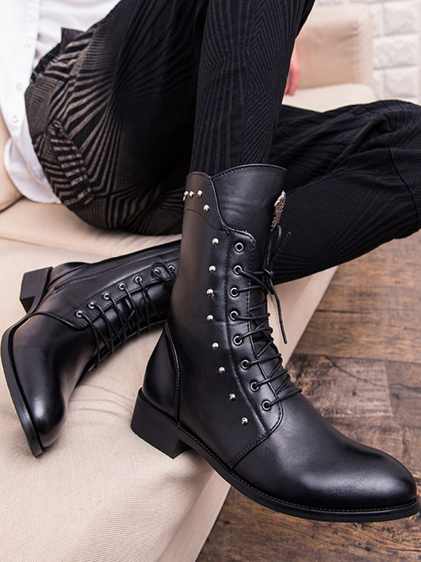 Shoes Men's Shoes | Men Mid Calf Boots Metal Details Round Toe PU Leather Black Lace Up Boots - KR85996