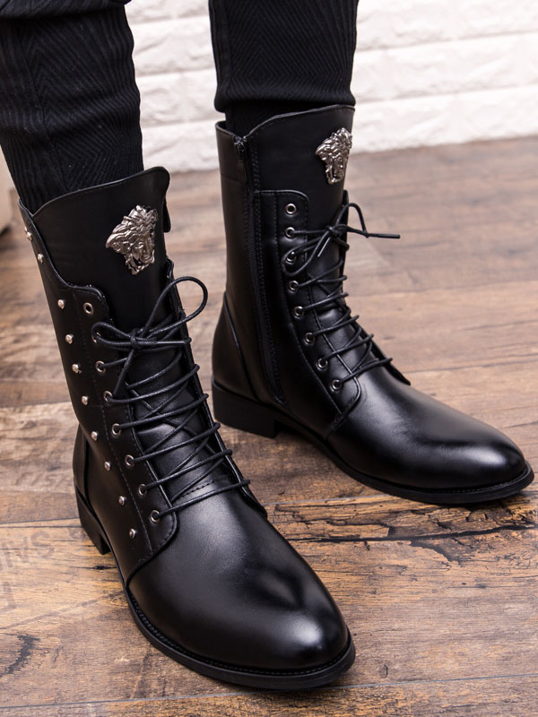 Shoes Men's Shoes | Men Mid Calf Boots Metal Details Round Toe PU Leather Black Lace Up Boots - KR85996