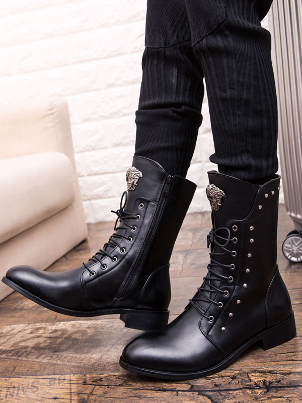 Shoes Men's Shoes | Men Mid Calf Boots Metal Details Round Toe PU Leather Black Lace Up Boots - KR85996