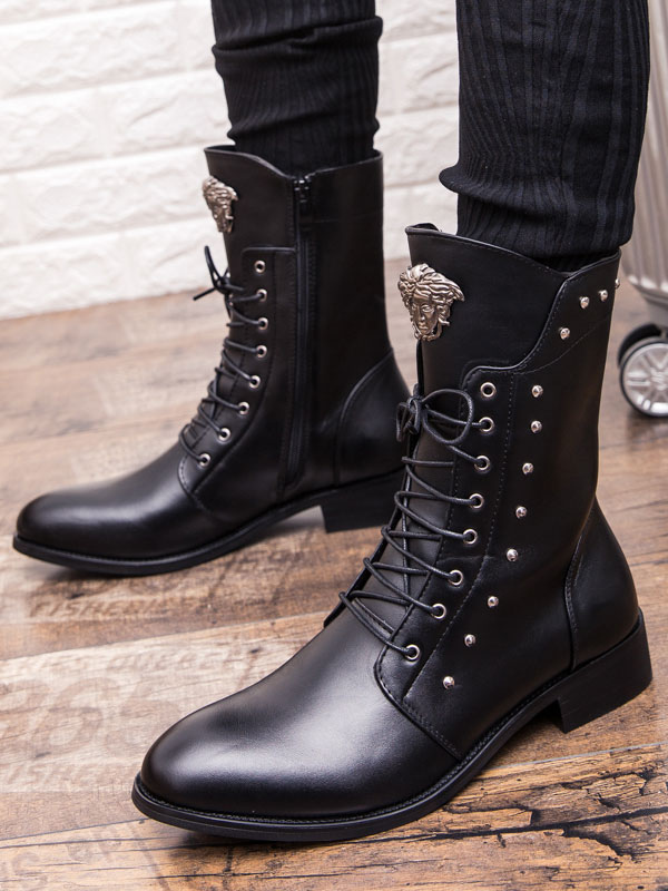 Shoes Men's Shoes | Men Mid Calf Boots Metal Details Round Toe PU Leather Black Lace Up Boots - KR85996