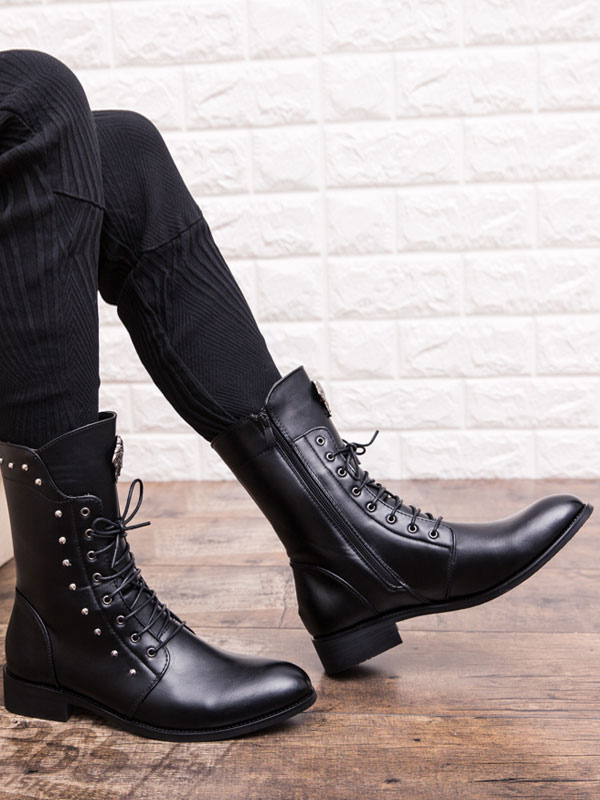 Shoes Men's Shoes | Men Mid Calf Boots Metal Details Round Toe PU Leather Black Lace Up Boots - KR85996