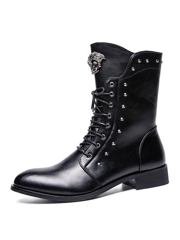 Shoes Men's Shoes | Men Mid Calf Boots Metal Details Round Toe PU Leather Black Lace Up Boots - KR85996