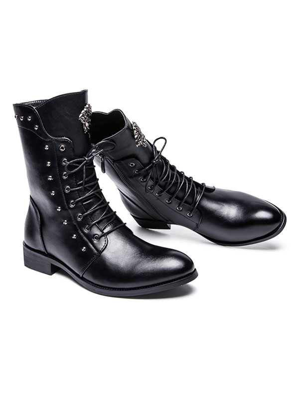 Shoes Men's Shoes | Men Mid Calf Boots Metal Details Round Toe PU Leather Black Lace Up Boots - KR85996