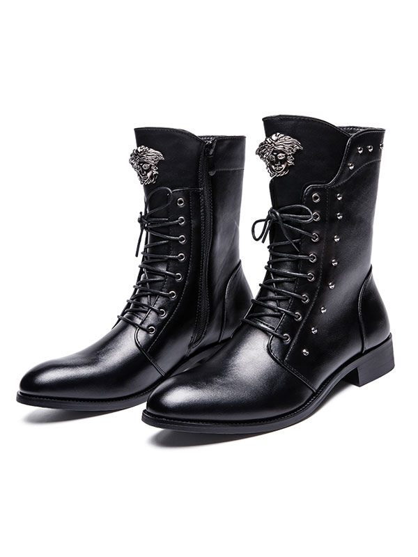 Shoes Men's Shoes | Men Mid Calf Boots Metal Details Round Toe PU Leather Black Lace Up Boots - KR85996