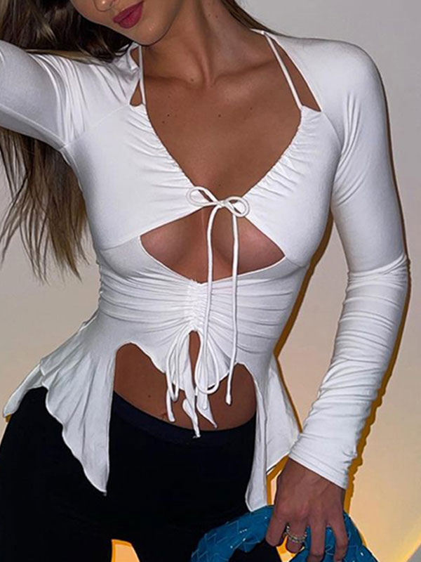 Women's Clothing Tops | Sexy Blouse For Women Designed Neckline Long Sleeves Lace Up Polyester Summer T Shirt - PM75064