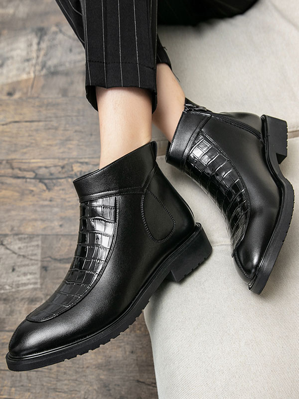 Shoes Men's Shoes | Men Booties Zipper Stripes Pattern PU Leather Round Toe Black Ankle Boots - SI29520