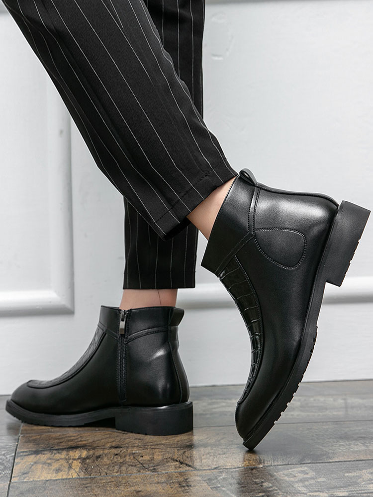 Shoes Men's Shoes | Men Booties Zipper Stripes Pattern PU Leather Round Toe Black Ankle Boots - SI29520