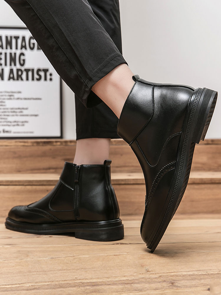 Shoes Men's Shoes | Ankle Boot For Men Zipper Round Toe PU Leather Black Booties - RA60414