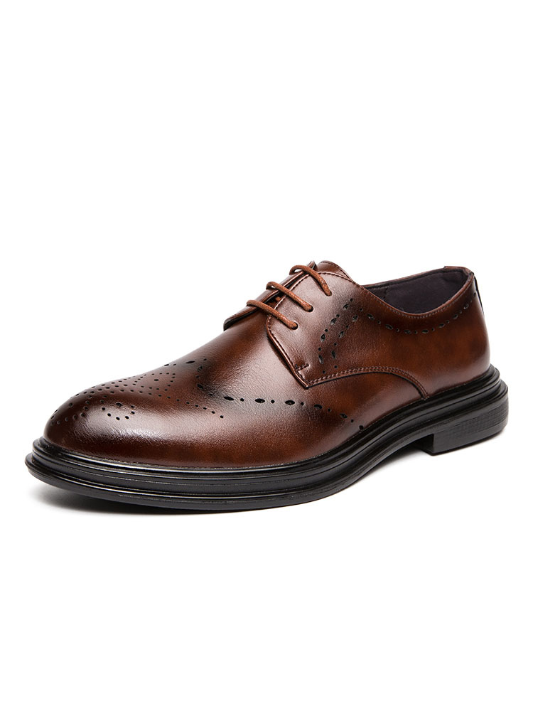 Zapatos de hombre | Zapatos de vestir para hombre, correa de punta redonda, zapatos Oxford marrones con cordones de cuero PU ajustables - EI69501