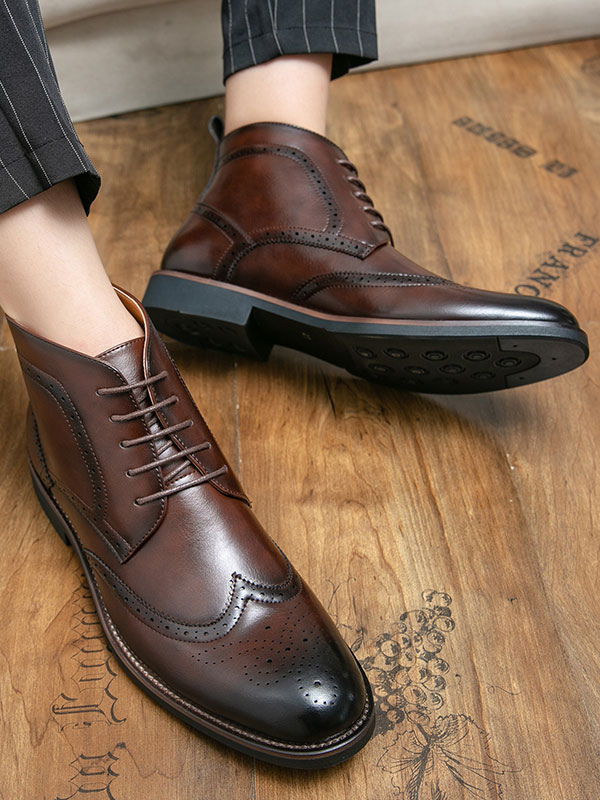 Shoes Men's Shoes | Booties For Men PU Leather Round Toe Lace Up Brown Ankle Boots - CN94265