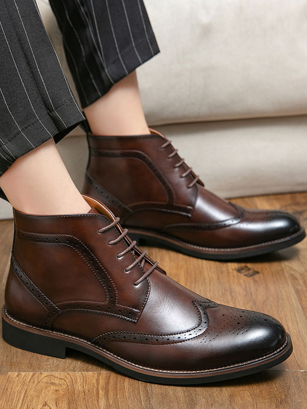 Shoes Men's Shoes | Booties For Men PU Leather Round Toe Lace Up Brown Ankle Boots - CN94265