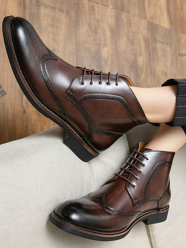 Shoes Men's Shoes | Booties For Men PU Leather Round Toe Lace Up Brown Ankle Boots - CN94265