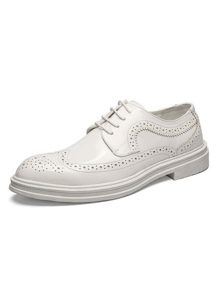 Zapatos de hombre | Zapatos de vestir para hombres, correa de punta redonda, ajustable, con cordones, cuero de PU, zapatos Oxford blancos - KO56701