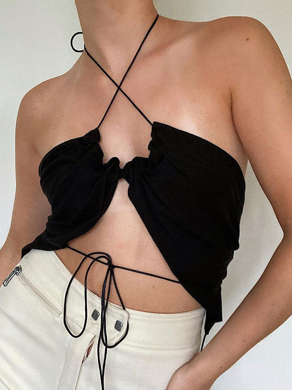 Women's Clothing Two Piece Sets | Two Piece Sets Black Polyester Pleated Ruffles Sleeveless Straps Neck Top Short Sleeves Blouse Women Outfit - AP45245