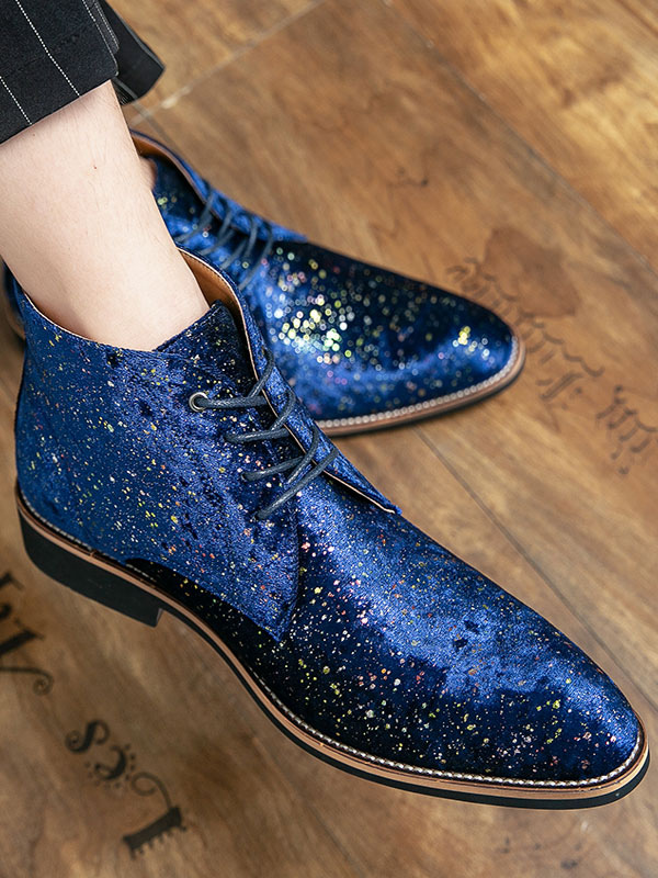 Shoes Men's Shoes | Booties For Men Sequins Round Toe PU Leather Blue Ankle Martin Boots - VL83942