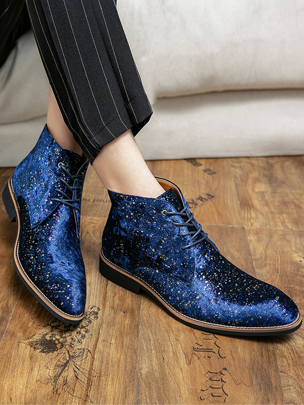 Shoes Men's Shoes | Booties For Men Sequins Round Toe PU Leather Blue Ankle Martin Boots - VL83942