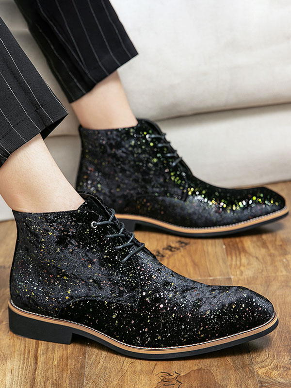 Shoes Men's Shoes | Booties For Men Sequins Round Toe PU Leather Blue Ankle Martin Boots - VL83942