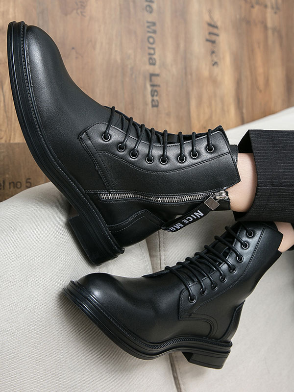 Shoes Men's Shoes | Boots For Men PU Leather Round Toe Zipper Black Ankle Boots - FH72388