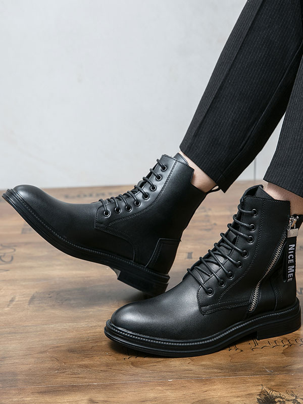 Shoes Men's Shoes | Boots For Men PU Leather Round Toe Zipper Black Ankle Boots - FH72388