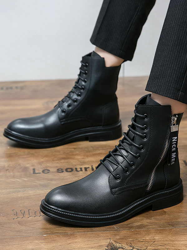 Shoes Men's Shoes | Boots For Men PU Leather Round Toe Zipper Black Ankle Boots - FH72388