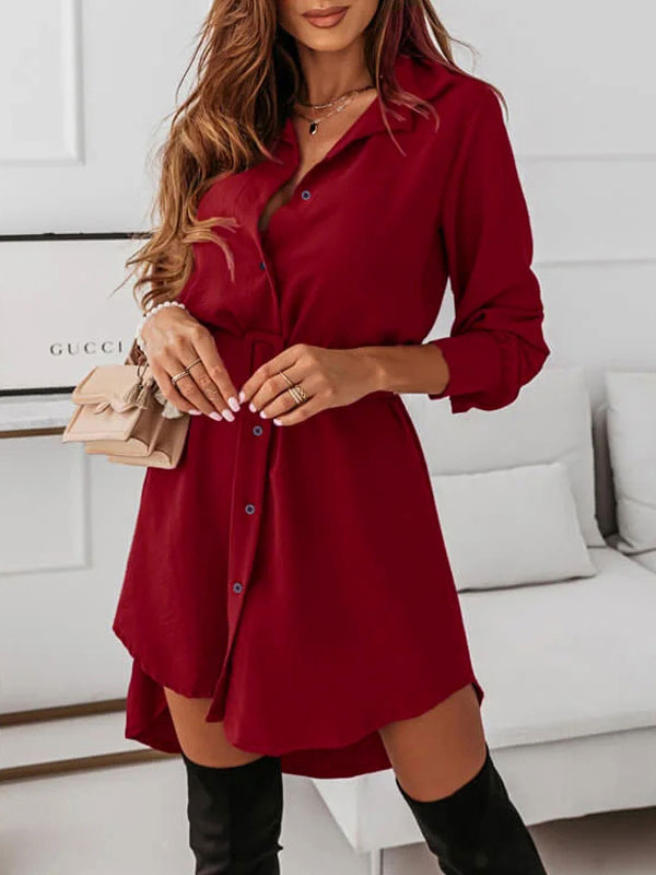 Women's Clothing Dresses | Shirt Dresses Red Turndown Collar Long Sleeves Polyester Midi Dress - JH78232