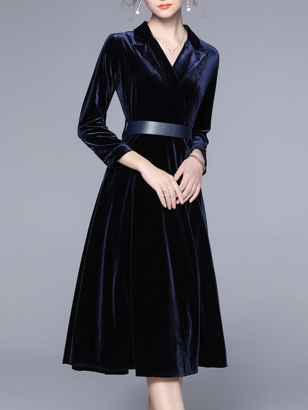 Women's Clothing Dresses | Maxi Dress Deep Blue V-Neck Turndown Collar Long Sleeves Long Dress - GM36039