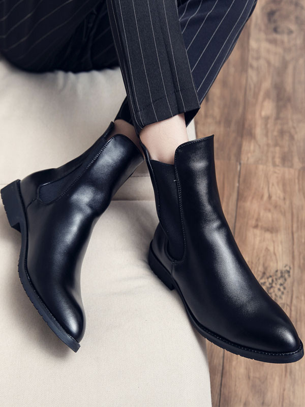 Shoes Men's Shoes | Men Booties Black PU Leather Pointed Toe Zipper Pointed Toe Ankle Boots - LK73504