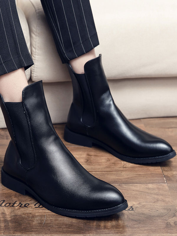 Shoes Men's Shoes | Men Booties Black PU Leather Pointed Toe Zipper Pointed Toe Ankle Boots - LK73504