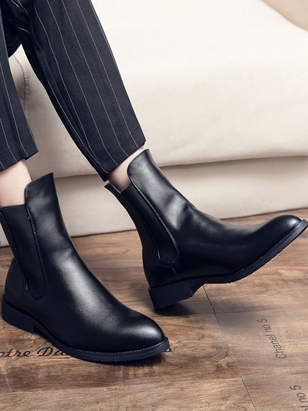 Shoes Men's Shoes | Men Booties Black PU Leather Pointed Toe Zipper Pointed Toe Ankle Boots - LK73504