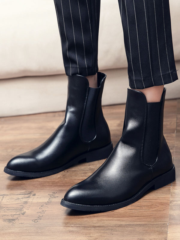 Shoes Men's Shoes | Men Booties Black PU Leather Pointed Toe Zipper Pointed Toe Ankle Boots - LK73504