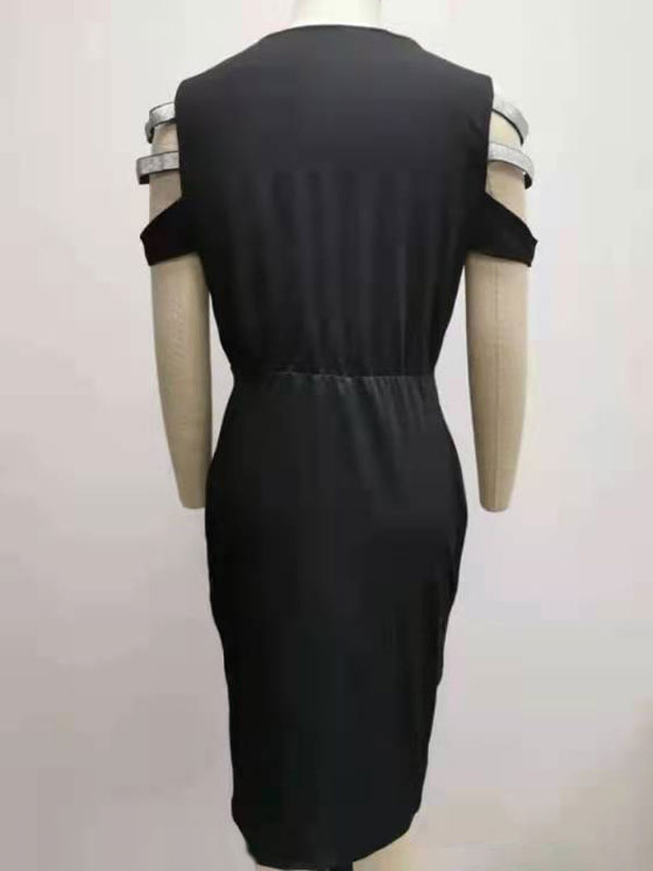 Women's Clothing Dresses | Bodycon Dress Black Short Sleeves Pleated V-Neck Layered Sexy Slim Fit Wrap Dresses Sheath Wrap Dresses - YY53423