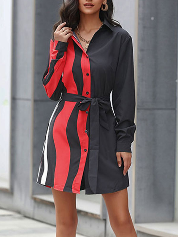 Women's Clothing Dresses | Women Shirt Dresses Red Turndown Collar Lace Up Long Sleeves Polyester Stripes Layered Midi Dress - S