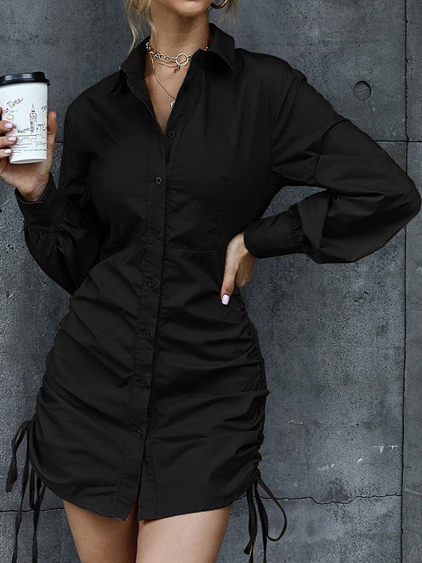 Women's Clothing Dresses | Shirt Dresses Black Turndown Collar Long Sleeves Polyester Midi Dress - LU85730