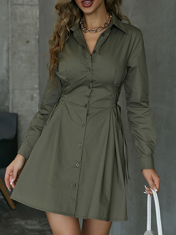 Women's Clothing Dresses | Shirt Dresses Hunter Green Turndown Collar Long Sleeves Polyester Midi Dress - FJ84728