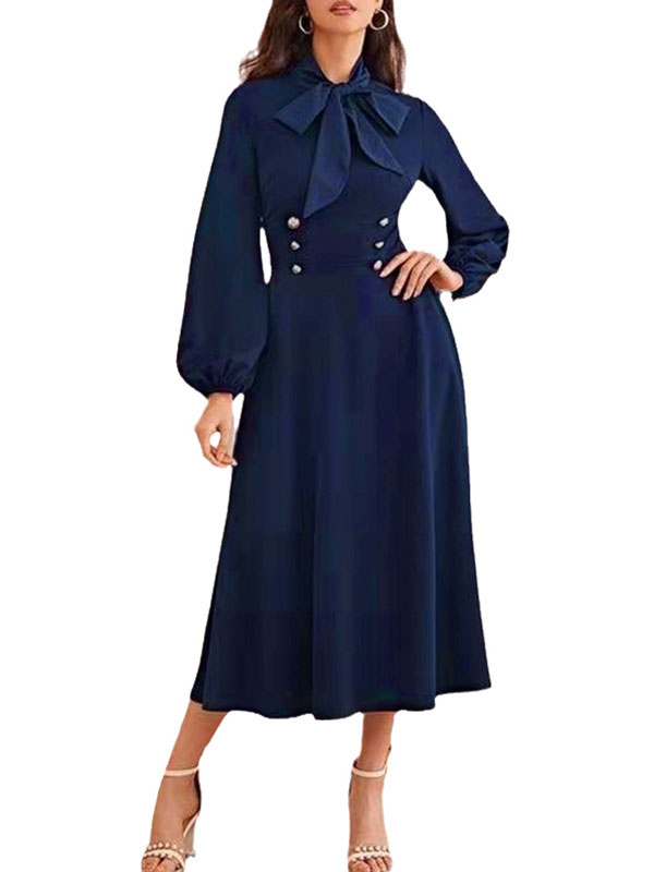 Mode Femme Robes | Robe Longue Femme à Col Rond à Lacets avec Manches Longues Amples Coupe Cintrée Bas Evasée Unicolore - PJ44285