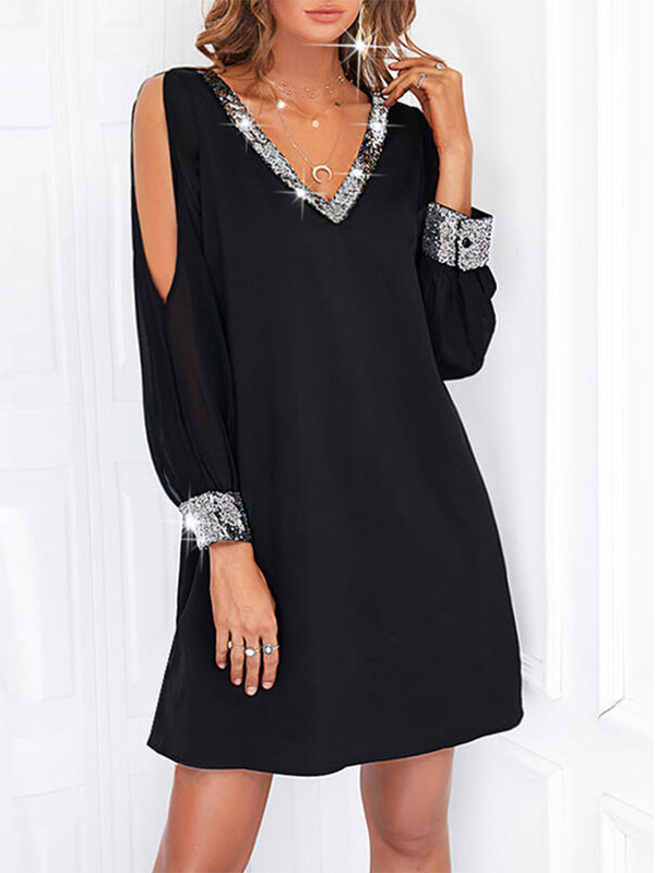 Women's Clothing Dresses | Tunic Dresses Black Two-Tone Long Sleeves V Neck Pleated Polyester Short Dress - TJ13598